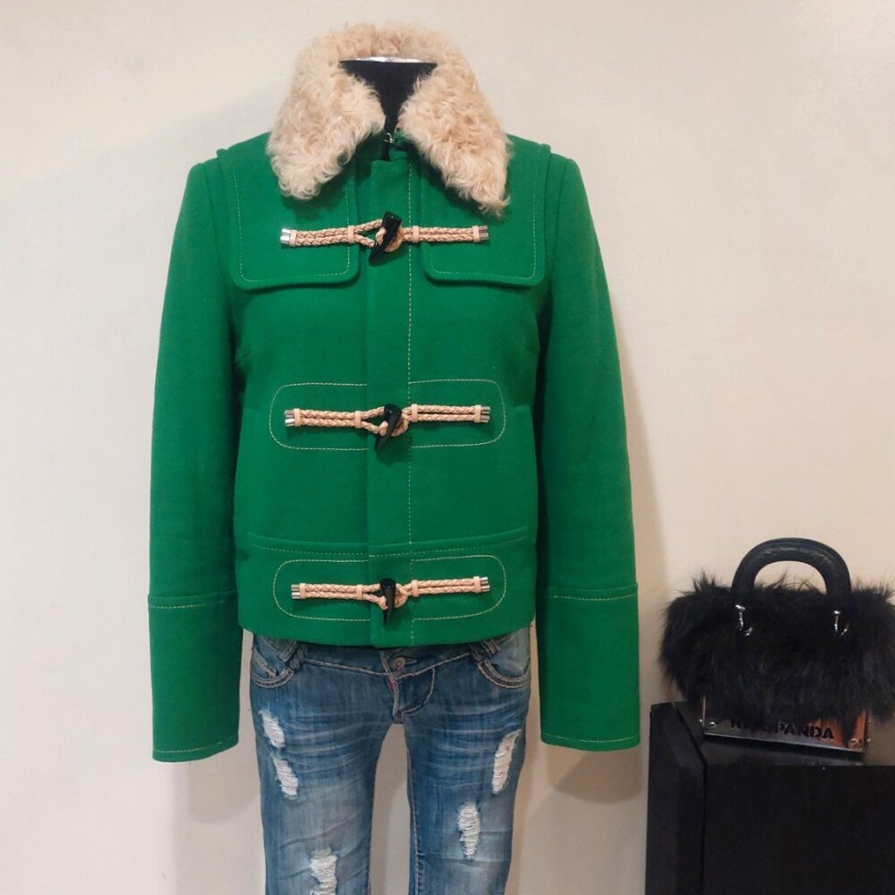 💥ABSOLUTELY STUNNING💥Wool & Curly Shearling Fur Military Jacket in Green